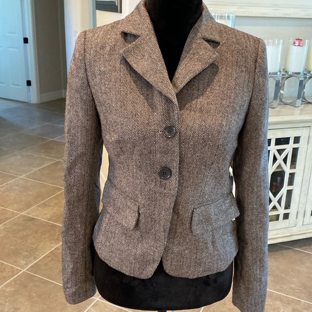 Hallhuber herringbone pattern jacket, brown/cream with metallic thread, size 36